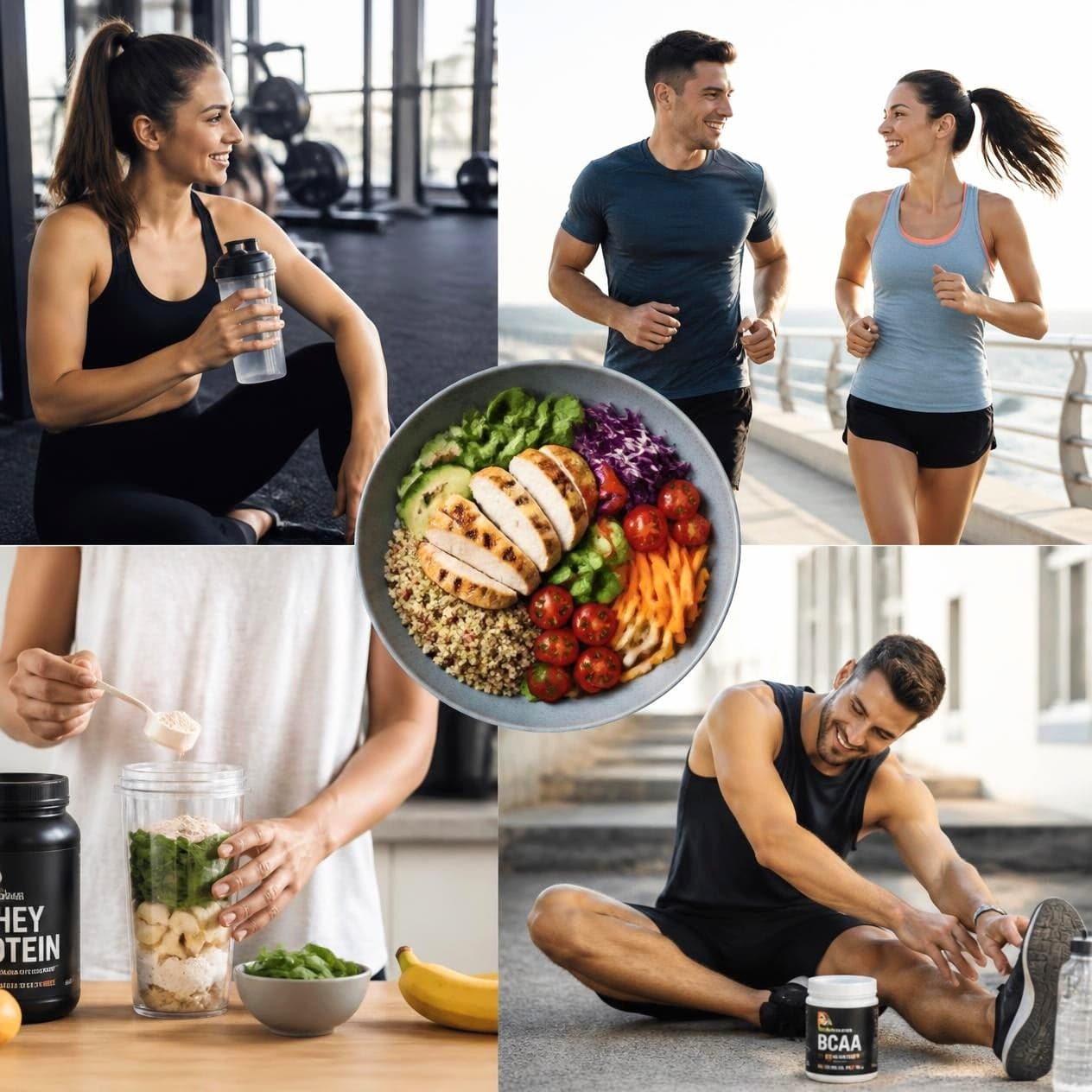 A woman holding a protein shaker in a gym, and a couple jogging together outdoors with a bowl of fresh, nutrient-rich food